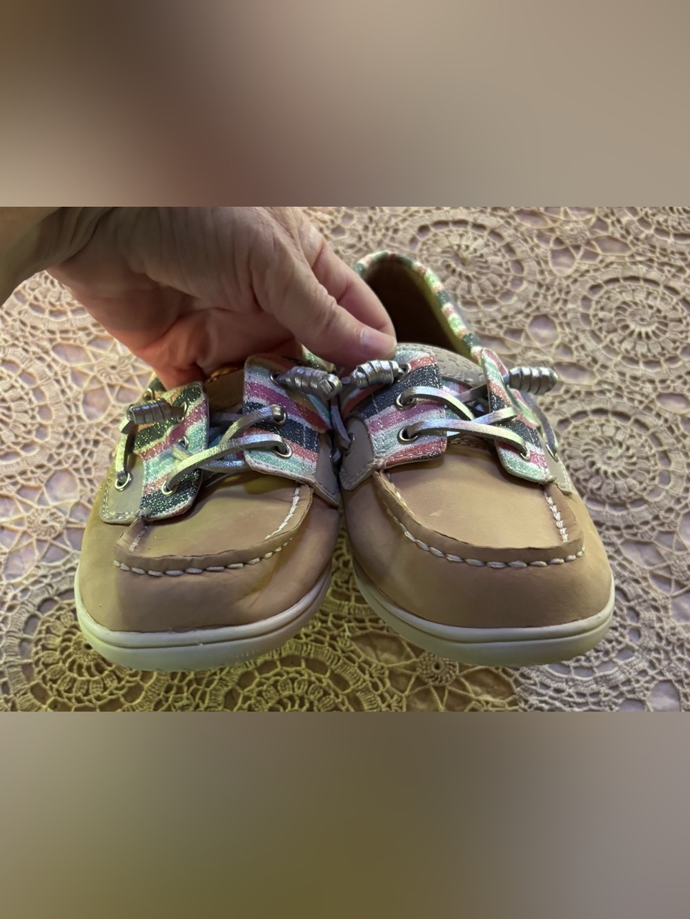 Sperry Top-Sider Kids Leather Shoresider 3-Eye Sparkle Stripe Boat Shoe Youth 4M - Picture 7 of 9